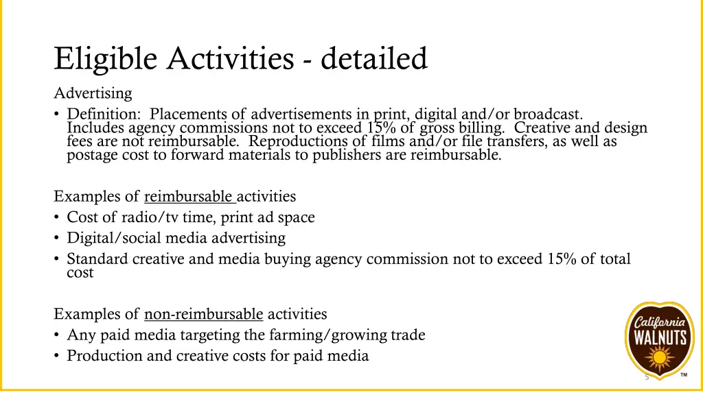 eligible activities detailed advertising
