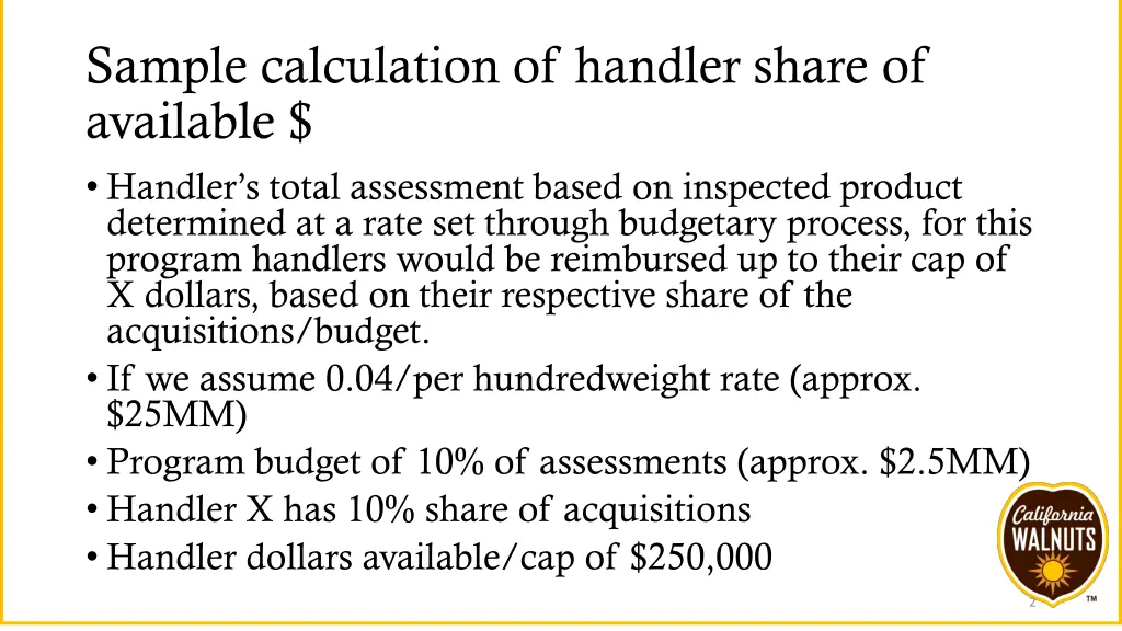 sample calculation of handler share of available