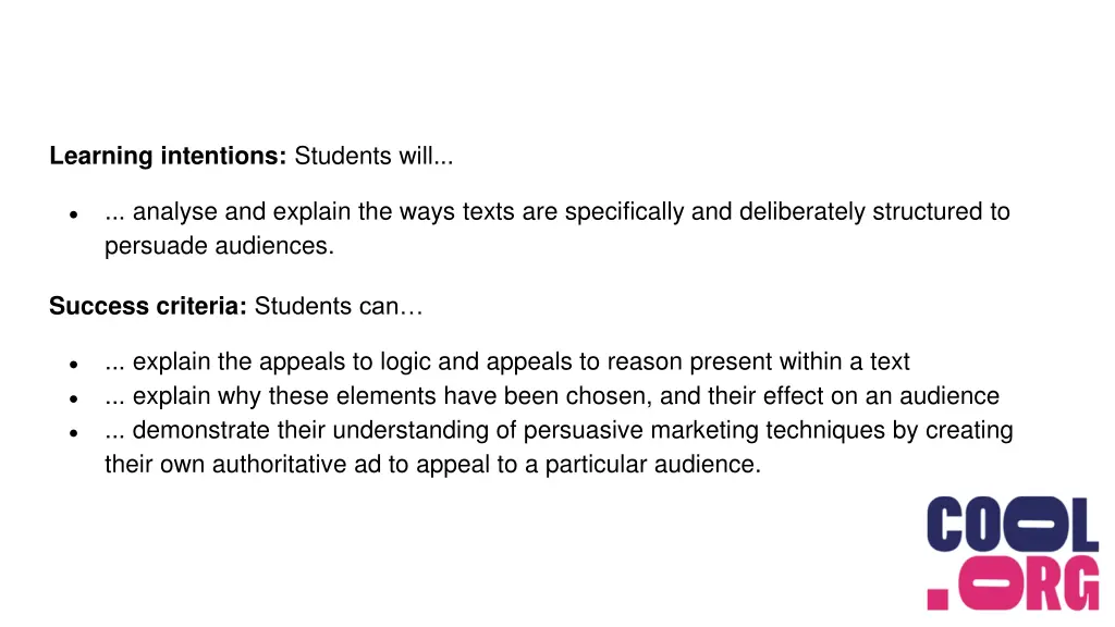 learning intentions students will