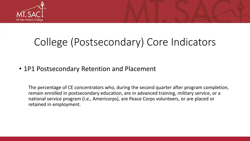 college postsecondary core indicators