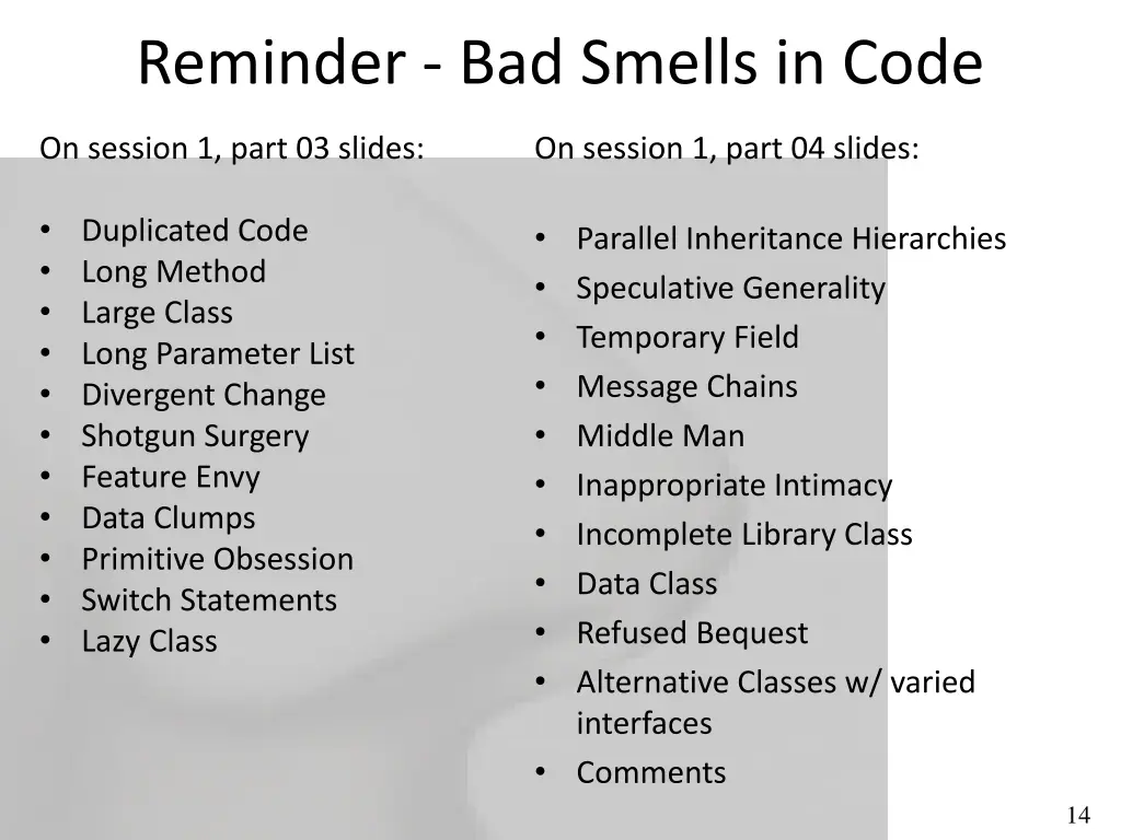 reminder bad smells in code