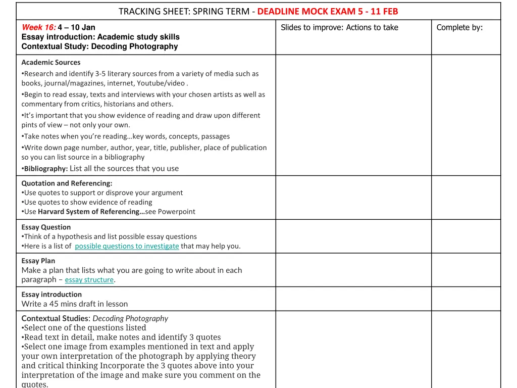 tracking sheet spring term deadline mock exam