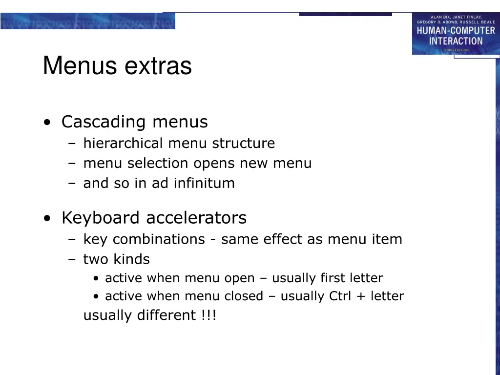 menus extras