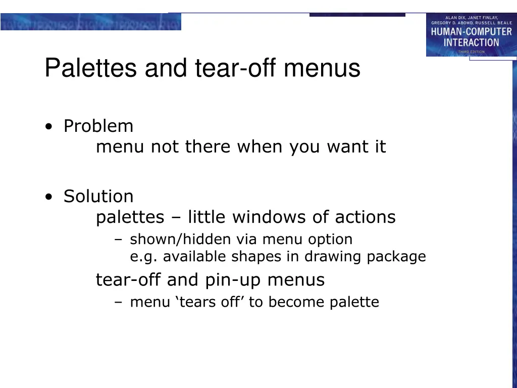 palettes and tear off menus