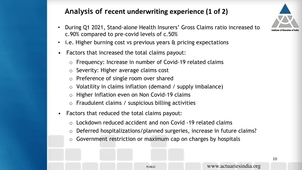 analysis of r ecent underwriting experience 1 of 2