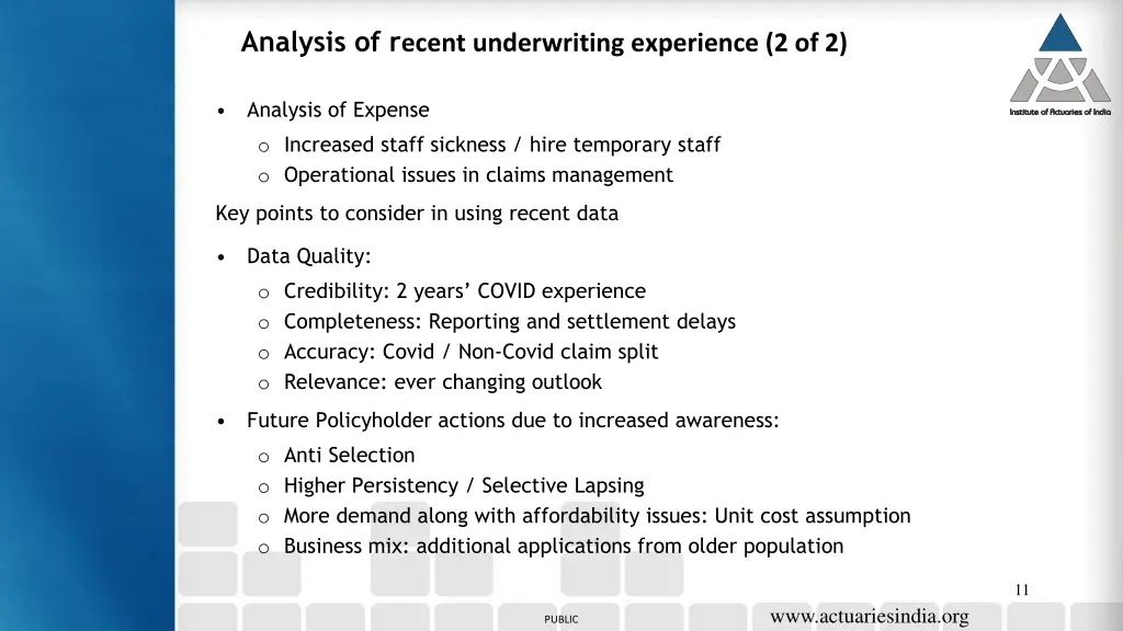 analysis of r ecent underwriting experience 2 of 2