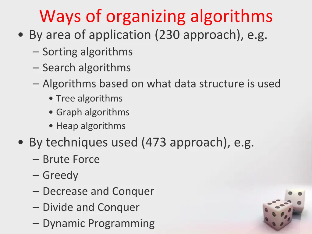 ways of organizing algorithms by area
