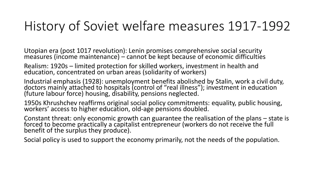 history of soviet welfare measures 1917 1992