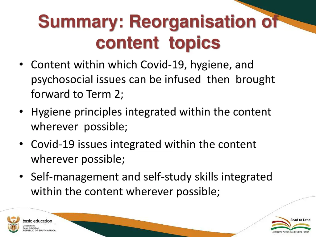 summary reorganisation of content topics content 1