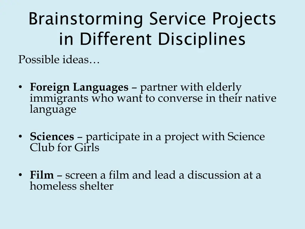 brainstorming service projects in different