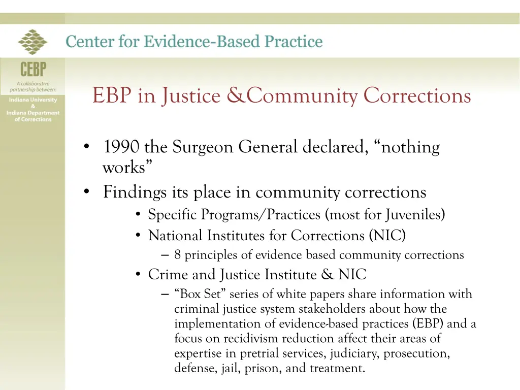 ebp in justice community corrections