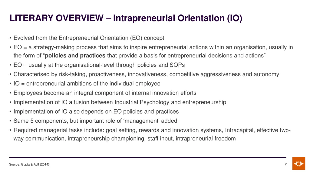 literary overview intrapreneurial orientation io