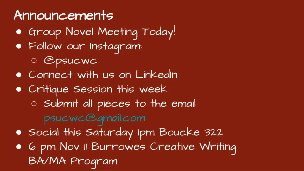 announcements announcements group novel meeting