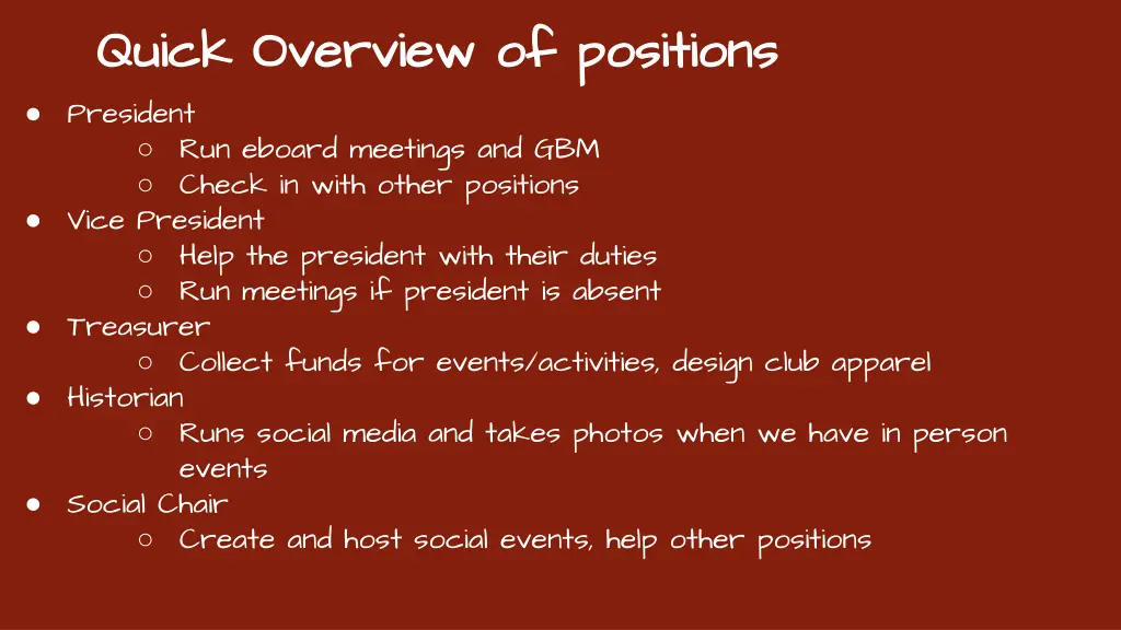 quick overview of positions quick overview