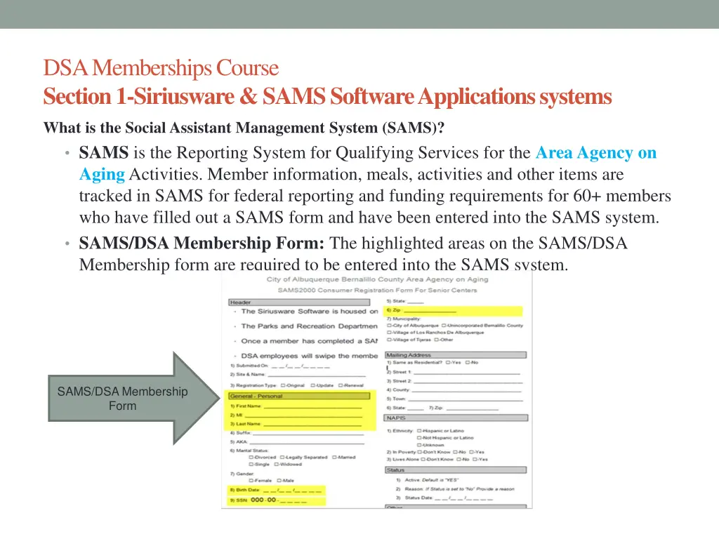 dsa memberships course section 1 siriusware sams 3
