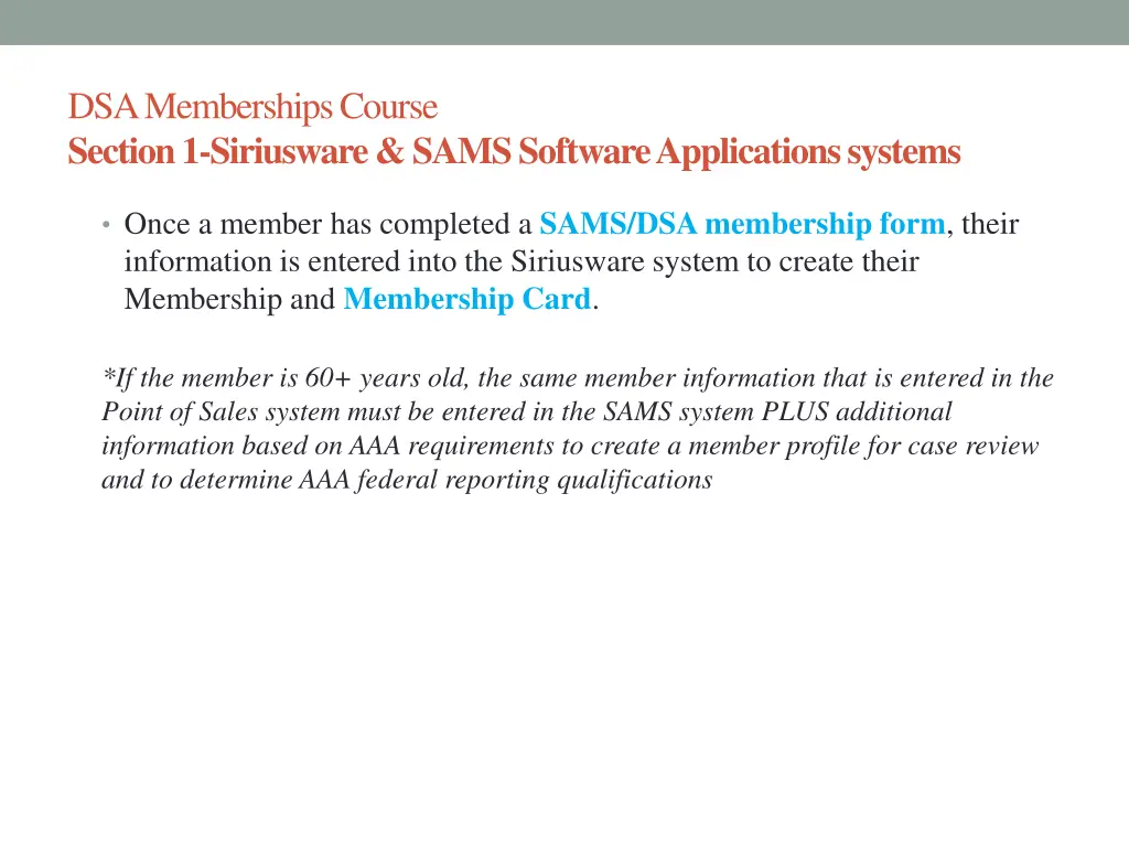 dsa memberships course section 1 siriusware sams 4