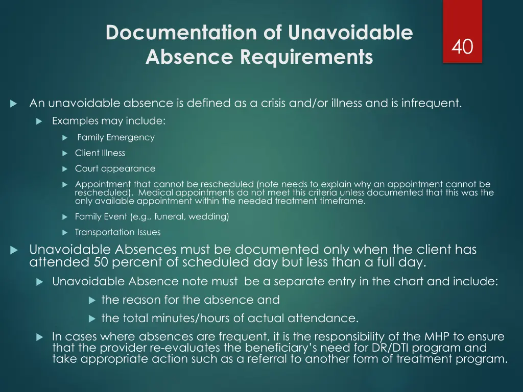 documentation of unavoidable absence requirements