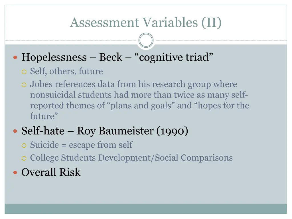 assessment variables ii