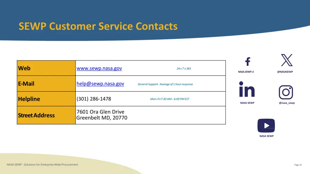 sewp customer service contacts