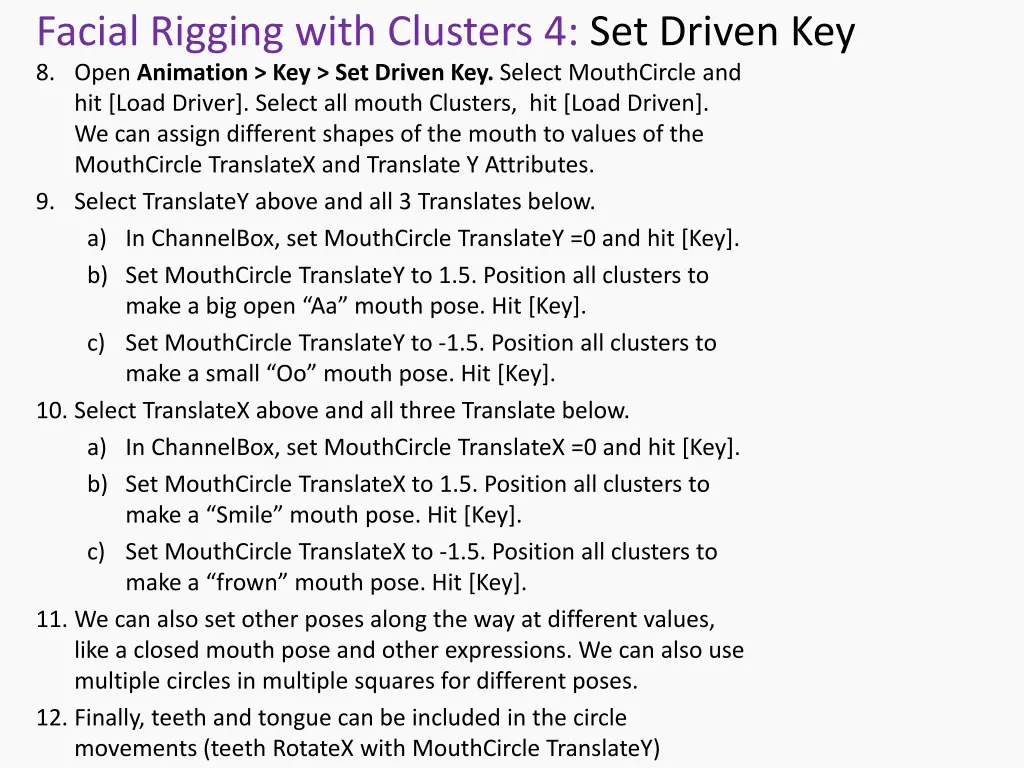 facial rigging with clusters 4 set driven