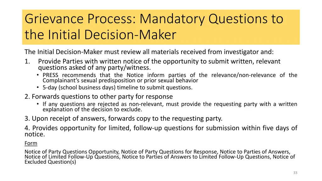 grievance process mandatory questions