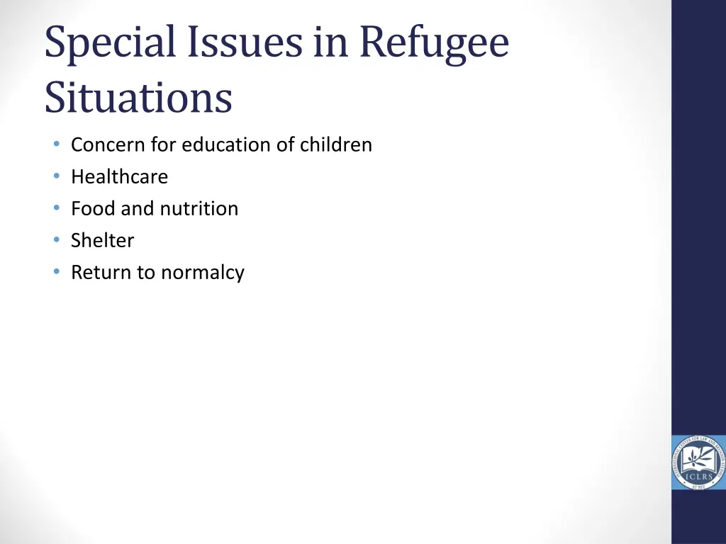 special issues in refugee situations concern