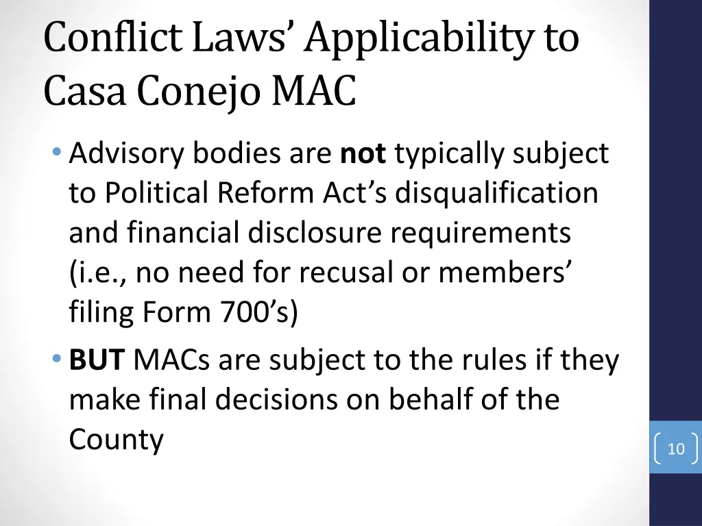 conflict laws applicability to casa conejo mac