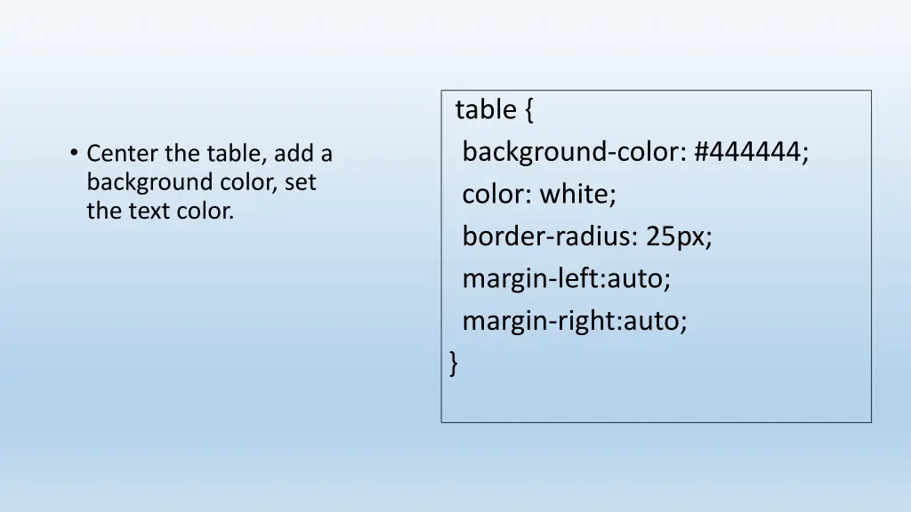 table background color 444444 color white border