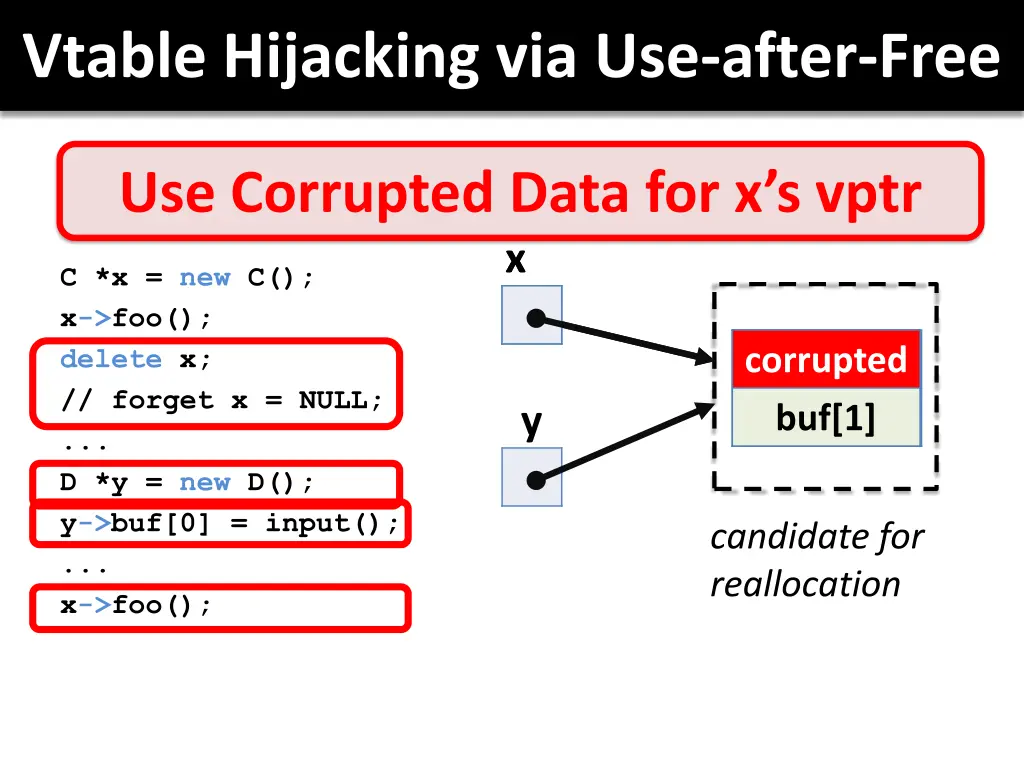 vtable hijacking via use after free