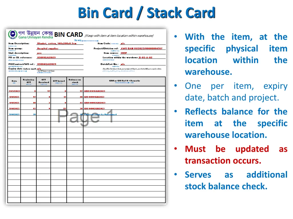 bin card stack card