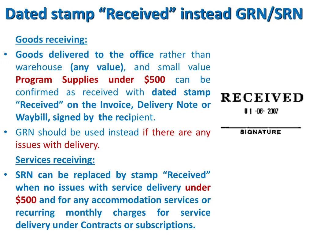 dated stamp received instead grn srn