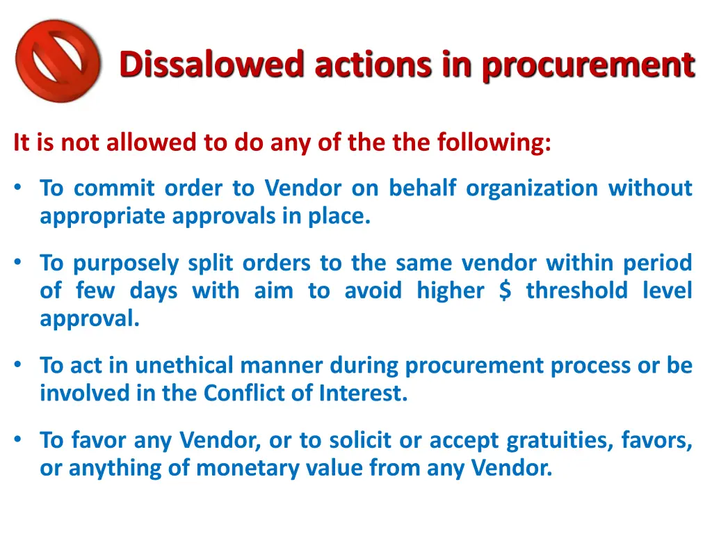 dissalowed actions in procurement