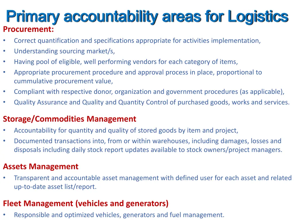 primary accountability areas for logistics