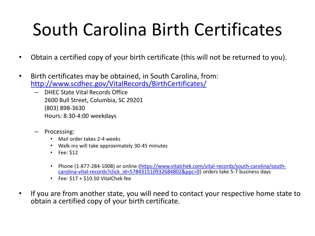 south carolina birth certificates