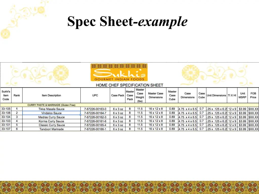 spec sheet example