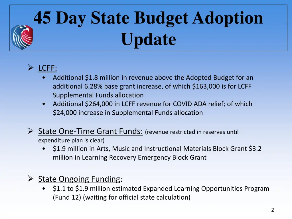 45 day state budget adoption update