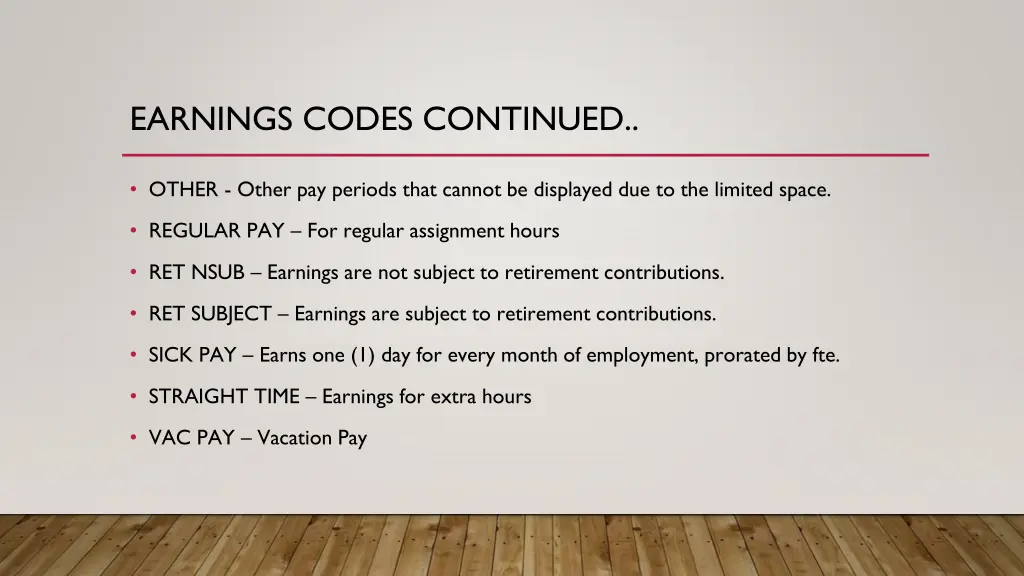 earnings codes continued