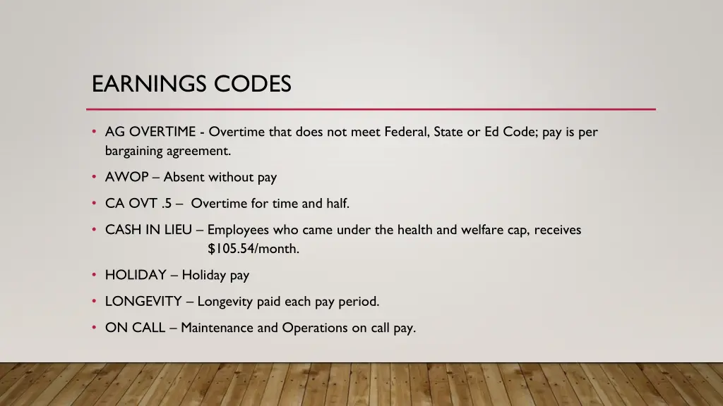 earnings codes