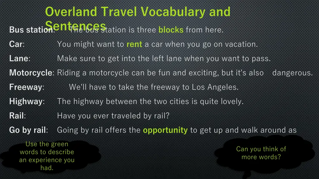 overland travel vocabulary and sentences
