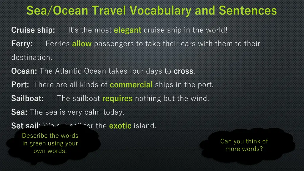 sea ocean travel vocabulary and sentences