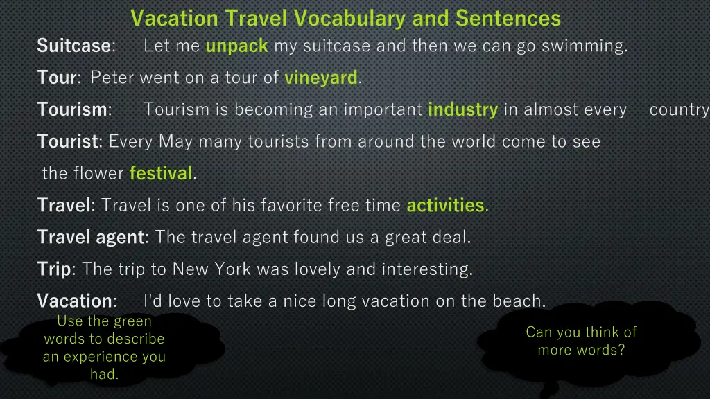 vacation travel vocabulary and sentences 1