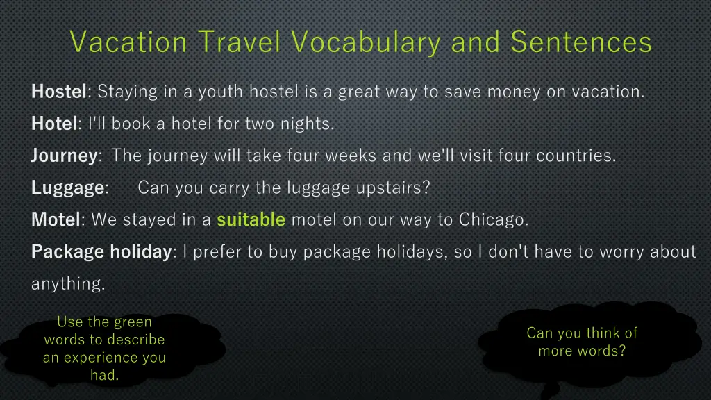 vacation travel vocabulary and sentences
