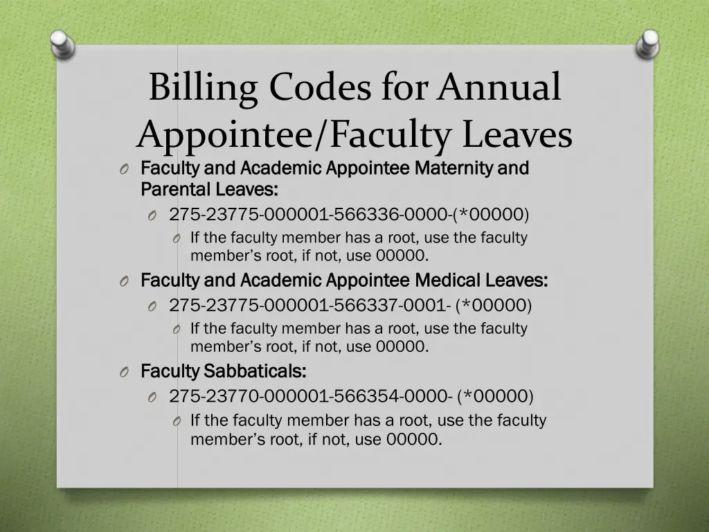 billing codes for annual appointee faculty leaves