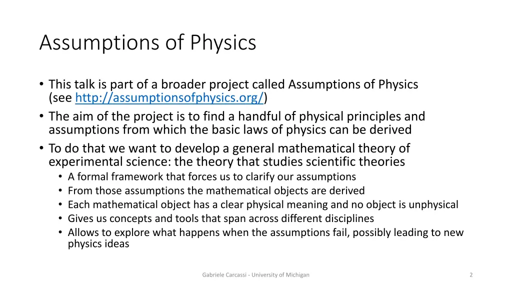 assumptions of physics