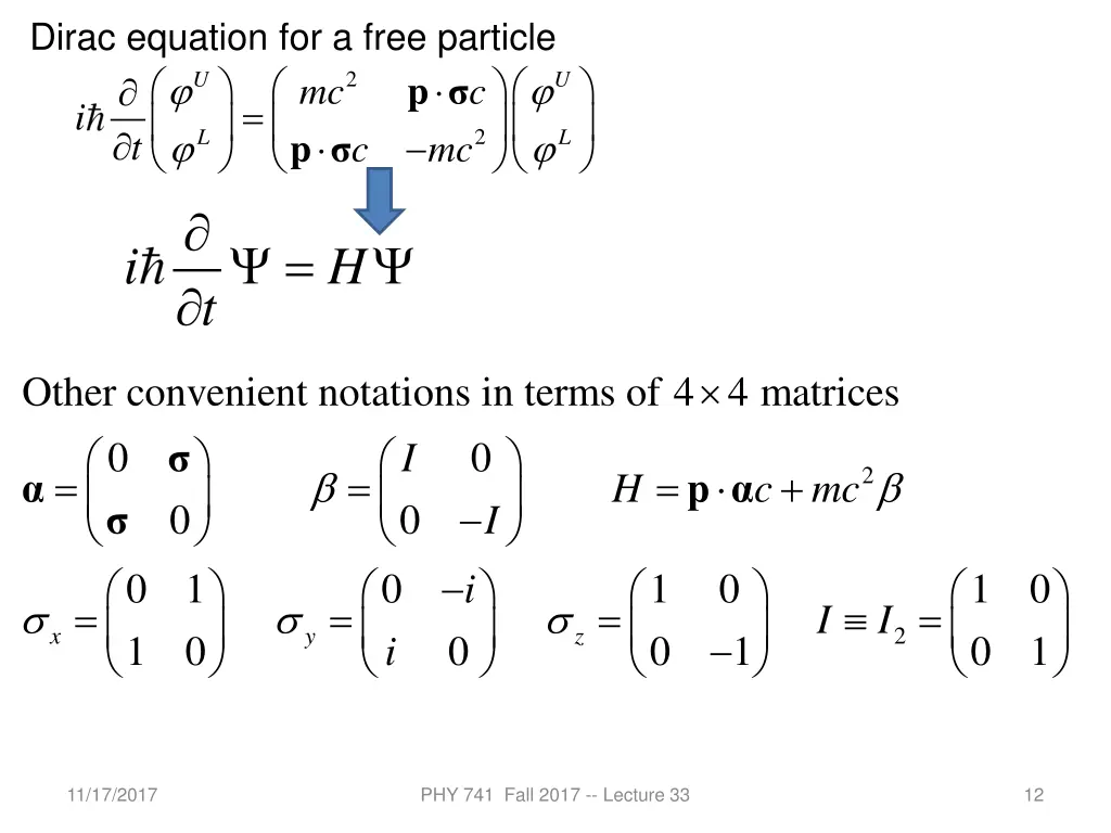 dirac equation for a free particle