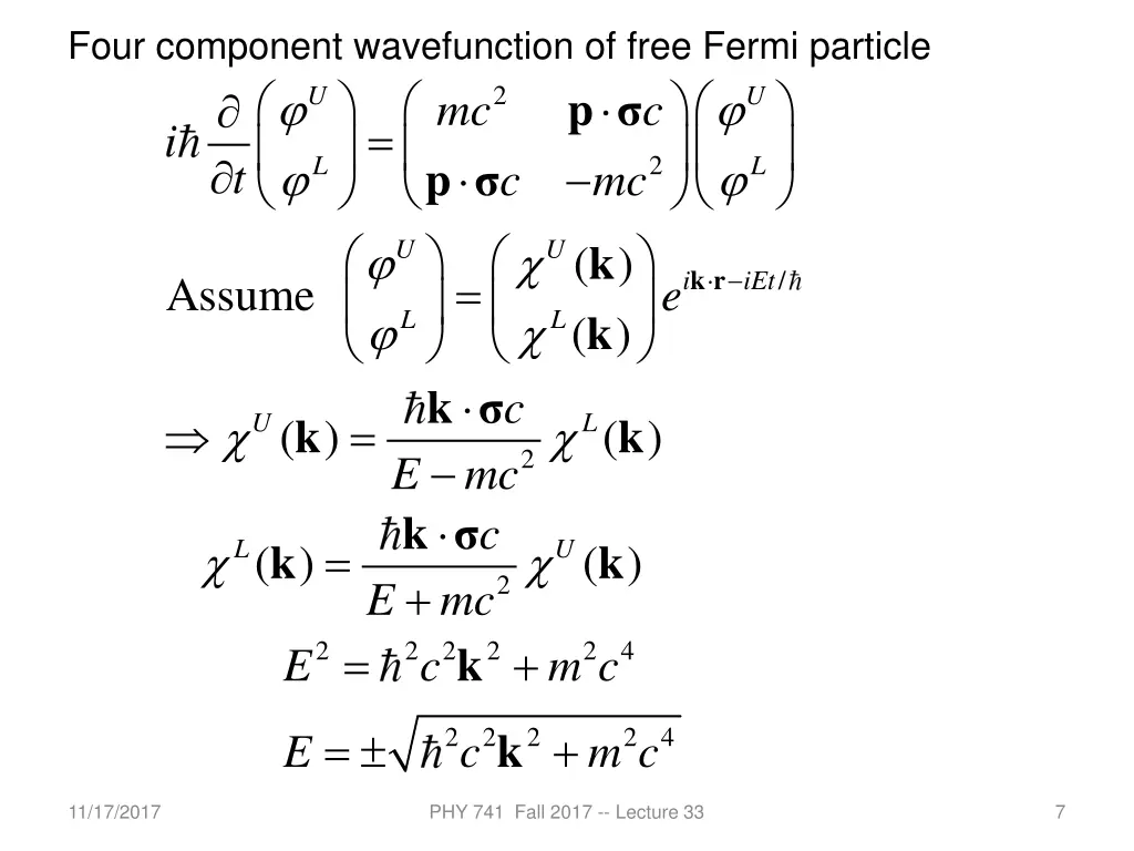 four component wavefunction of free fermi