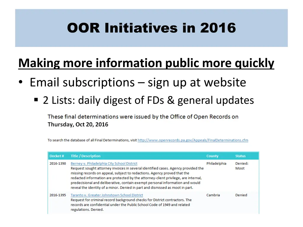 oor initiatives in 2016