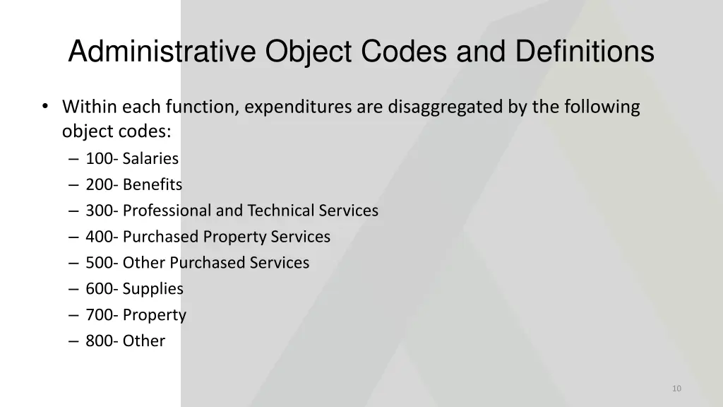 administrative object codes and definitions