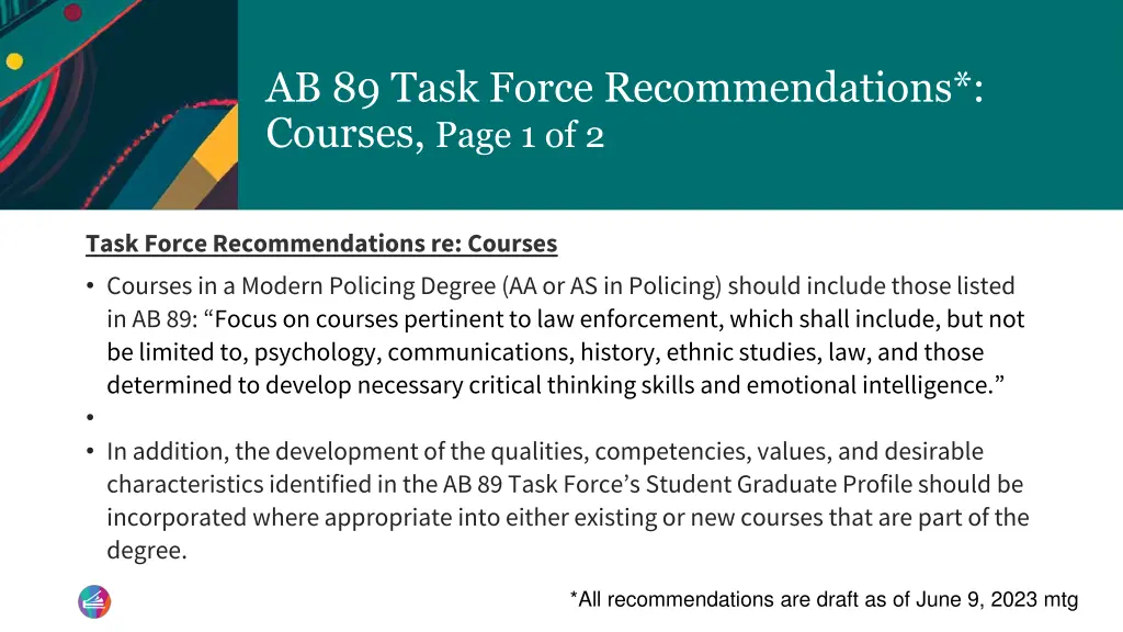 ab 89 task force recommendations courses page