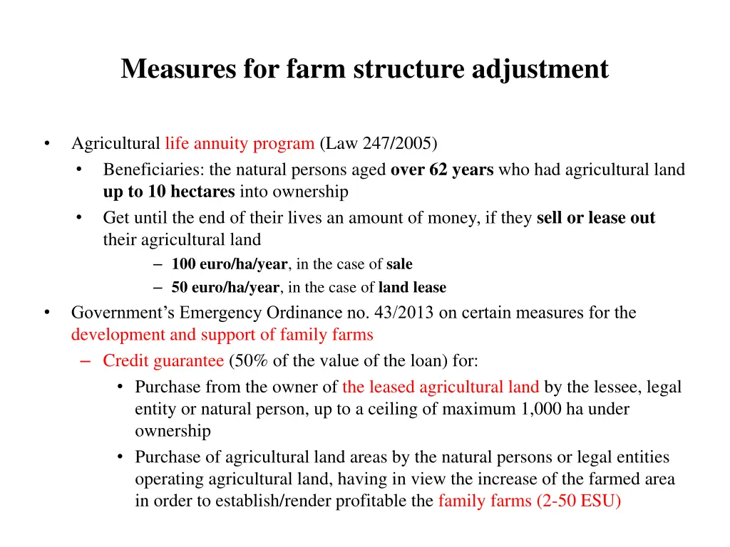 measures for farm structure adjustment